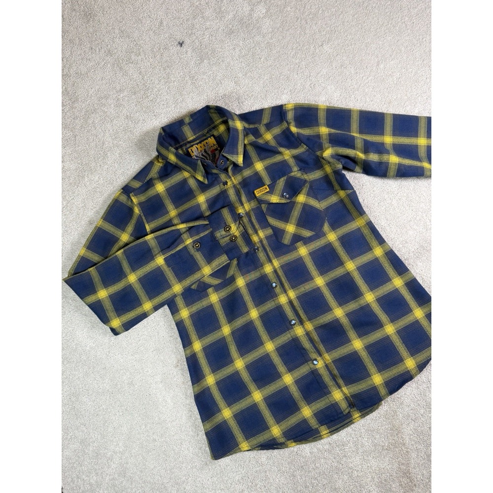 Dixxon Aim High D-Tech Flannel Shirt Navy Blue Yellow plaid Woman's M Pearl Snap